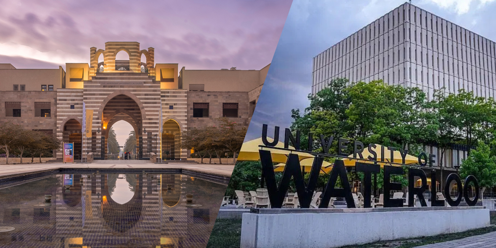 Collage between campus shot of AUC and campus shot of University of Waterloo