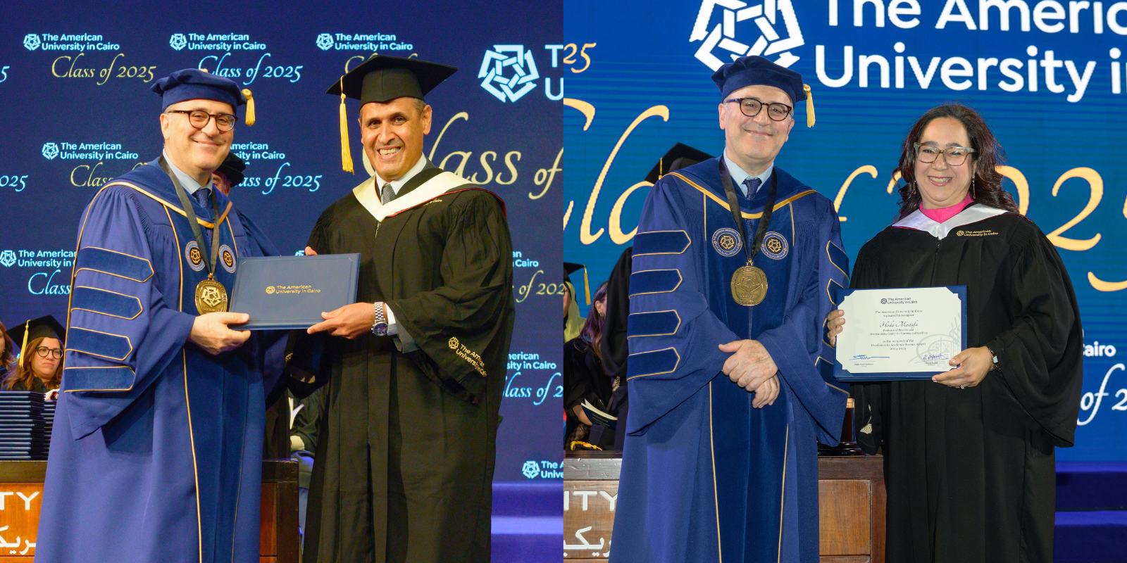 A collage of two faculty members standing with the AUC president, each holding their faculty merit award at commencement