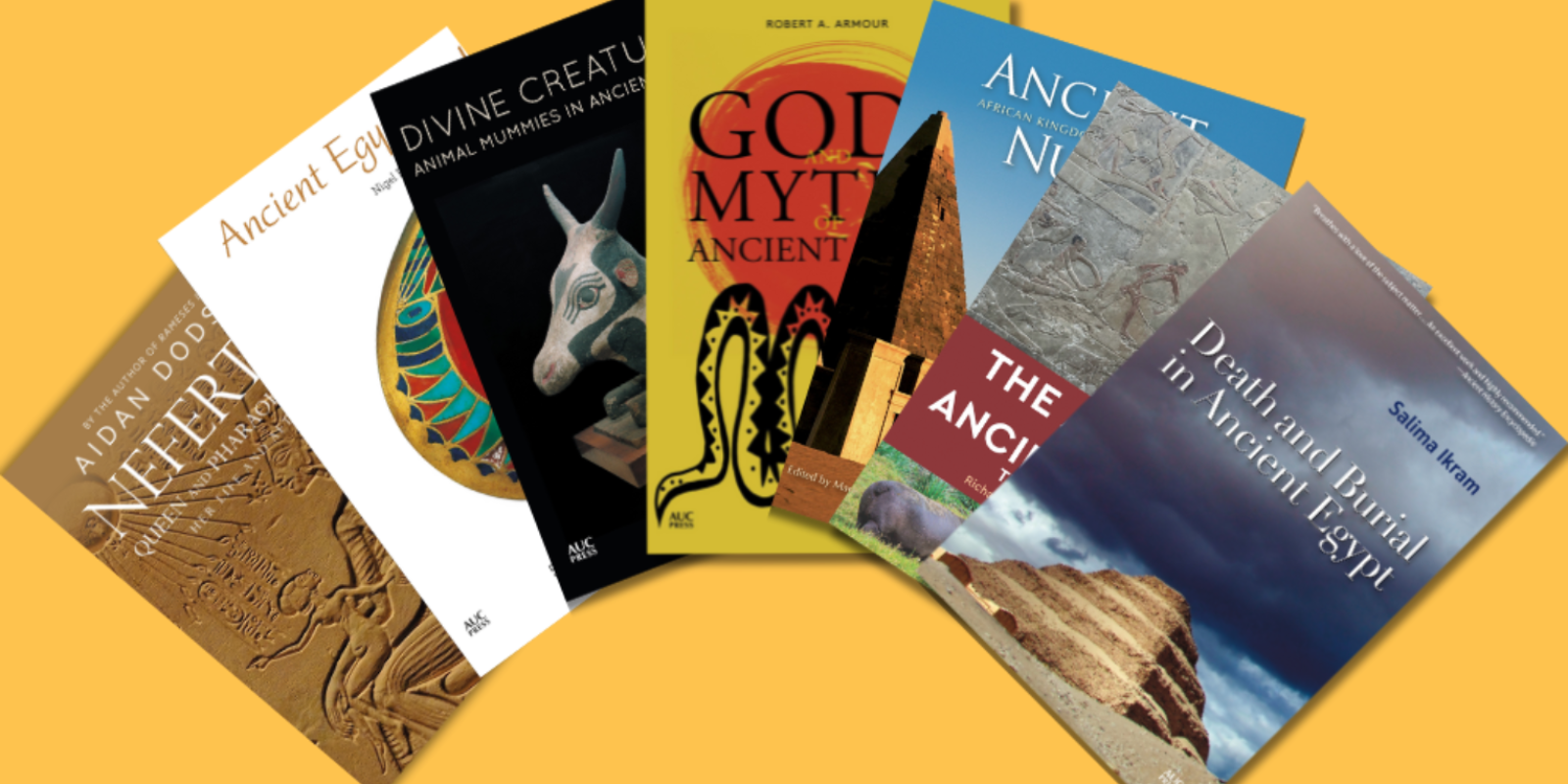 An image of seven books spread in a fan cover which displays each books' individual cover