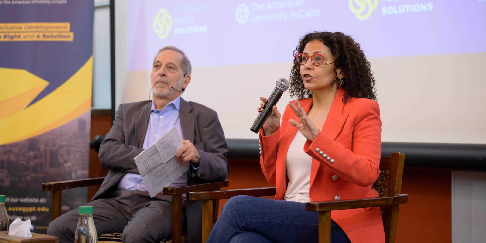 Professor Rabab El Mahdi and Historian Rasheed Khalidi addressing the audience