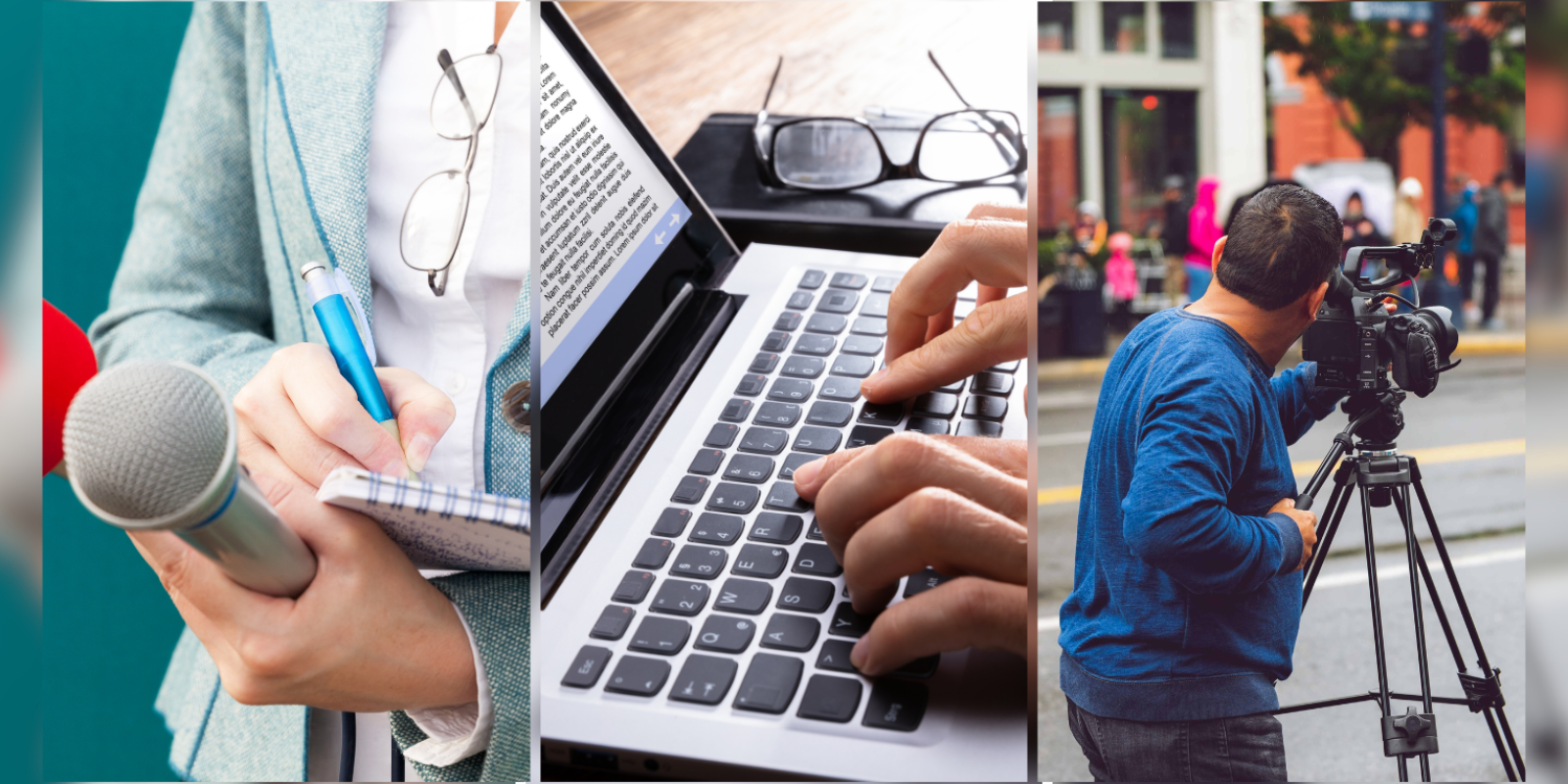 A collage of a journalism reporter holding a microphone and notebook, fingers typing on a laptop and a video cameraman shooting with his tripod