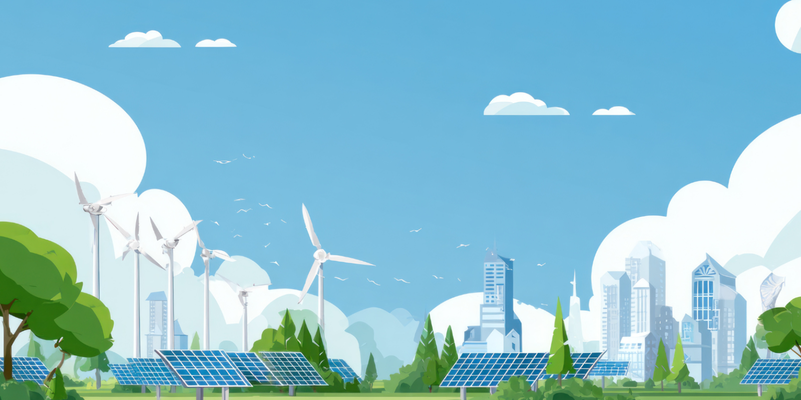 An image of a eco-friendly city with windmills on a grassy landscape