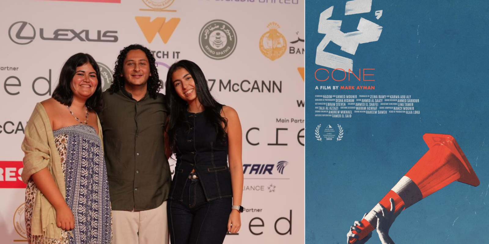 Student director and producers at Cairo Film Premiere, with Cone movie poster