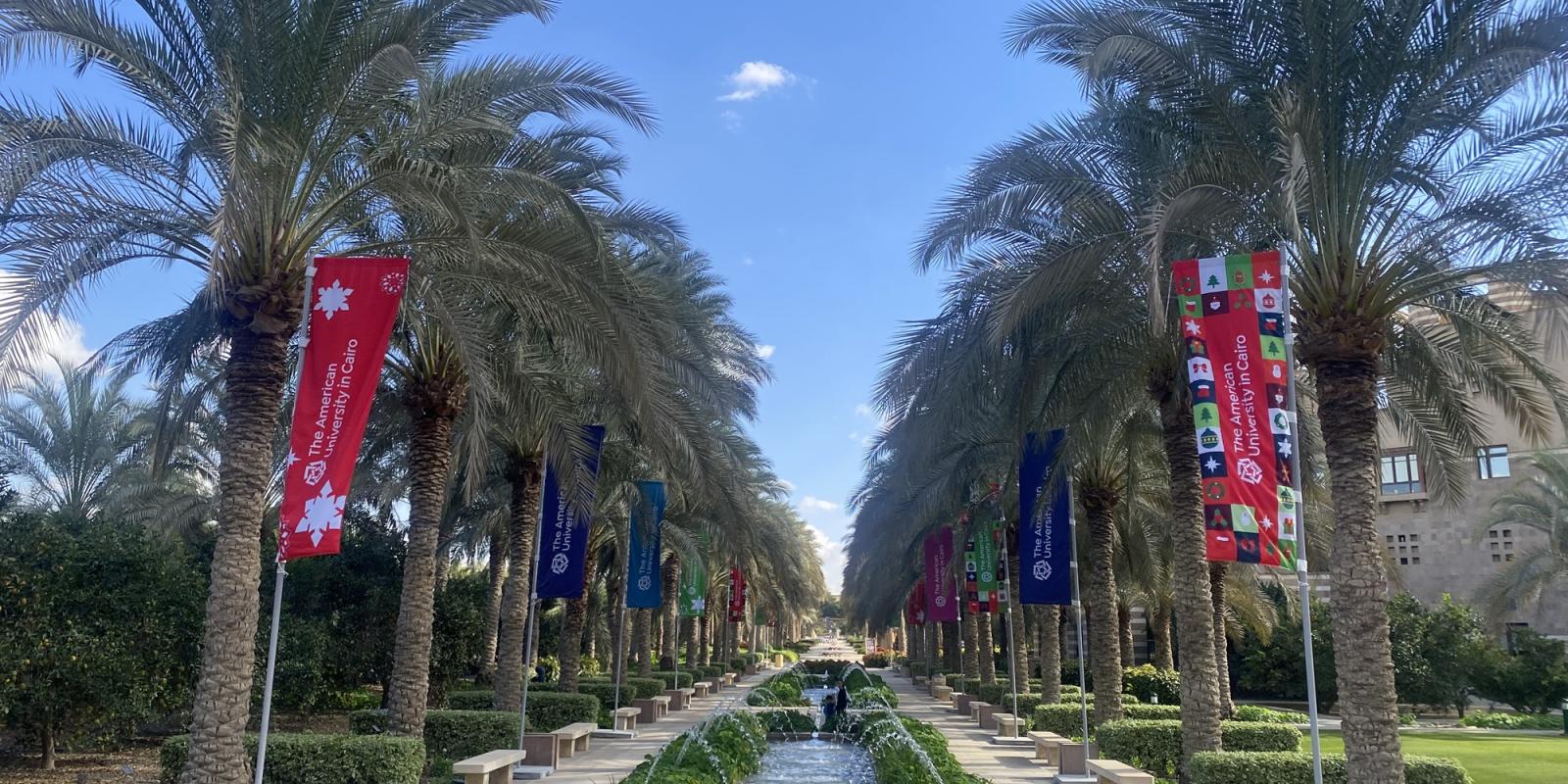 A fountain is in between palms on each side. There are Christmas themed flags hanging on poles next to the palms