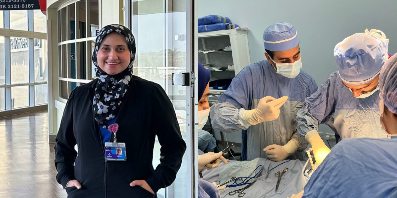 Lina Berika stands in front of a door in a hospital; a group of doctors in scrubs works on a patient on top of an operating table