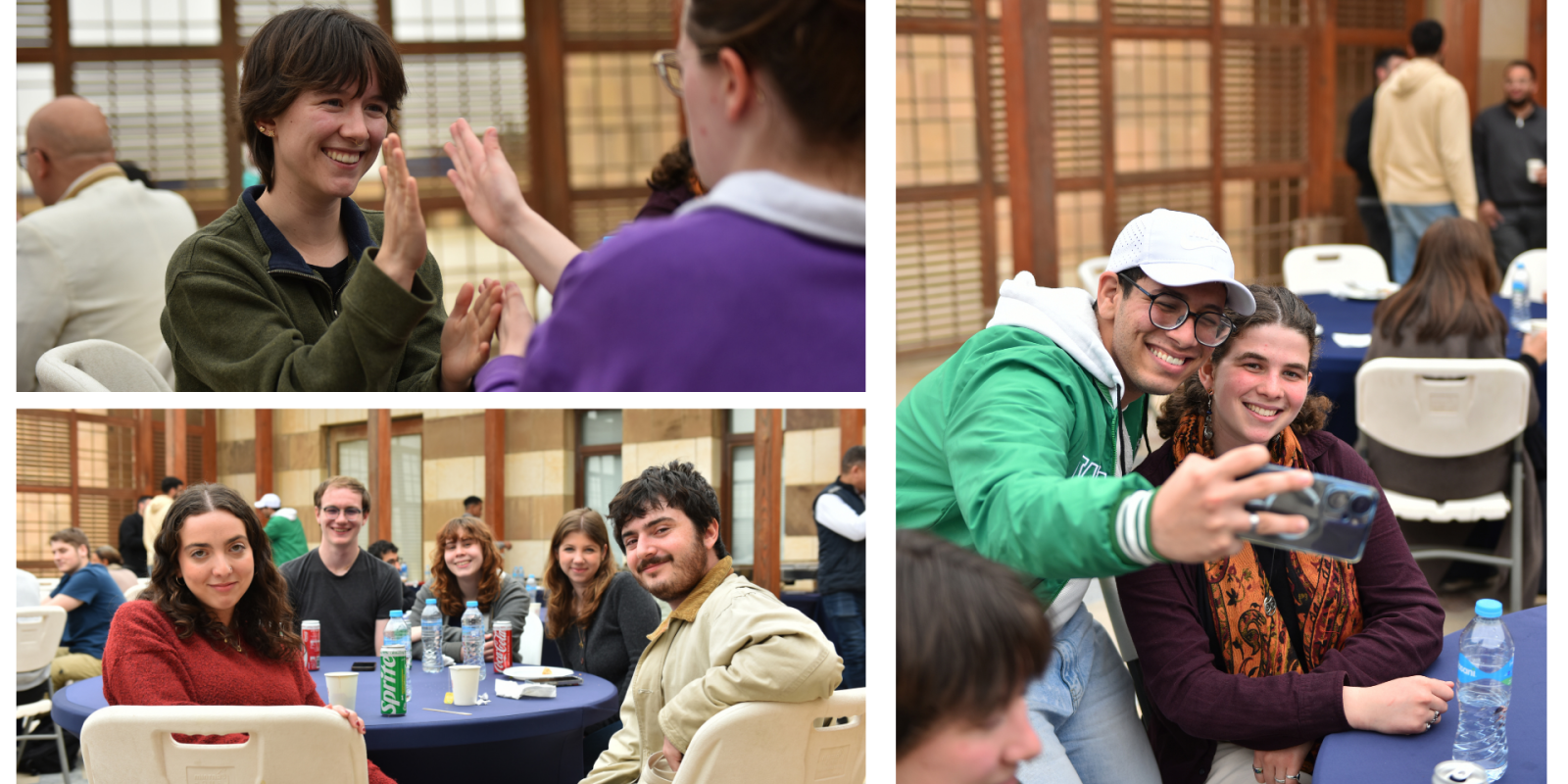 Students play a game; students pose for a selfie while seated; students pose for a photo