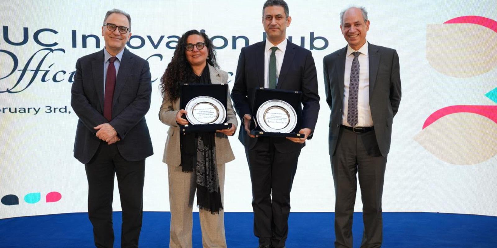 AUC President and Provost Recognizing Professors Ayman Ismail and Hanan Abdel Meguid at the Launch of AUC Innovation Hub