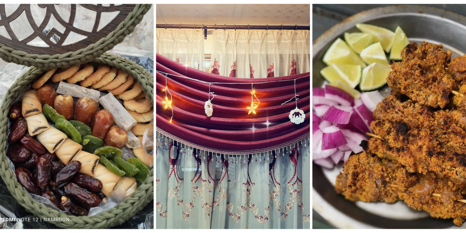 A bowl of sweets; a curtain with lights in the shapes of stars and crescents; onions, lime and kabobs of meat