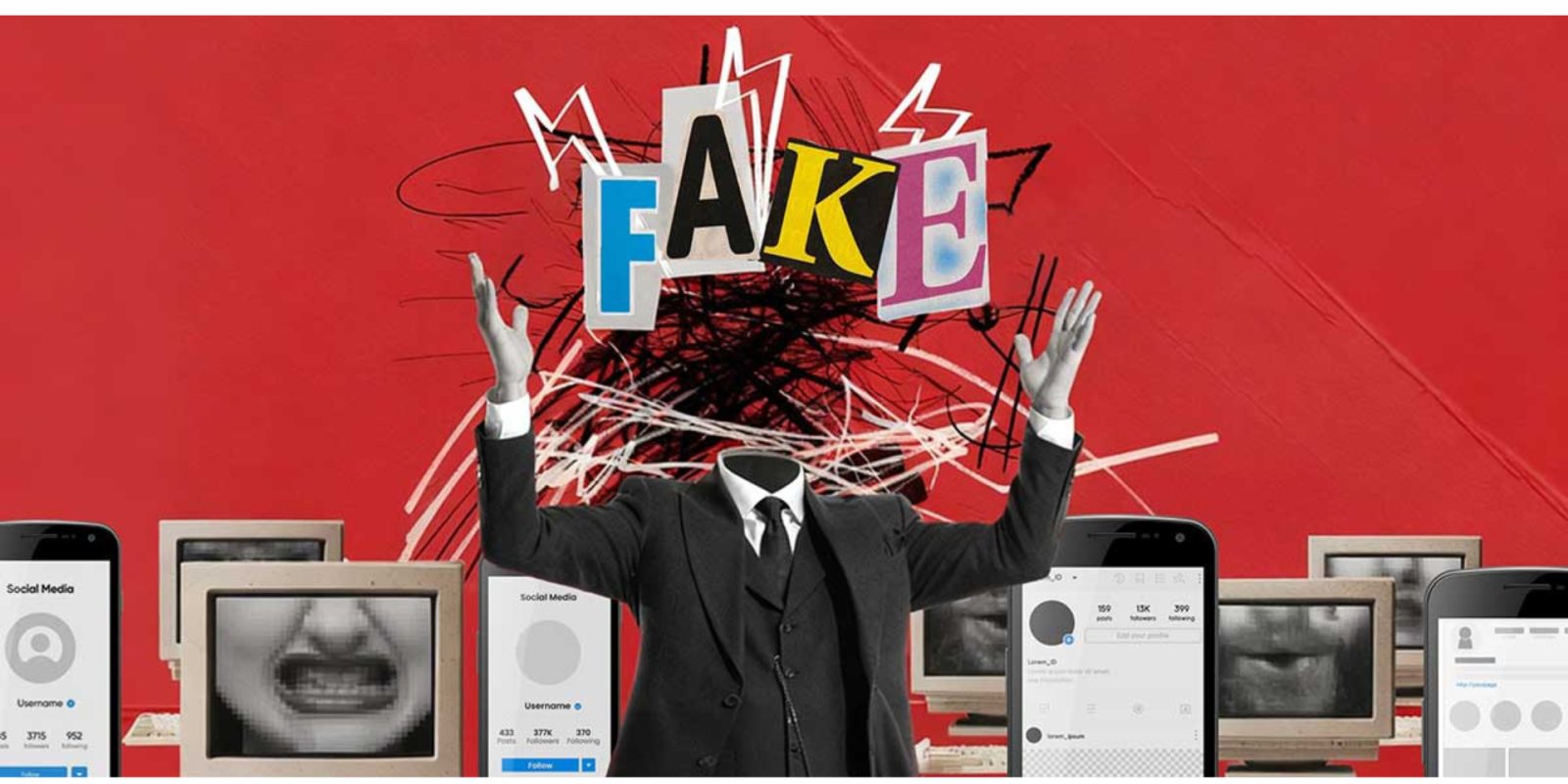 a surrealist image of phones with the word "fake"