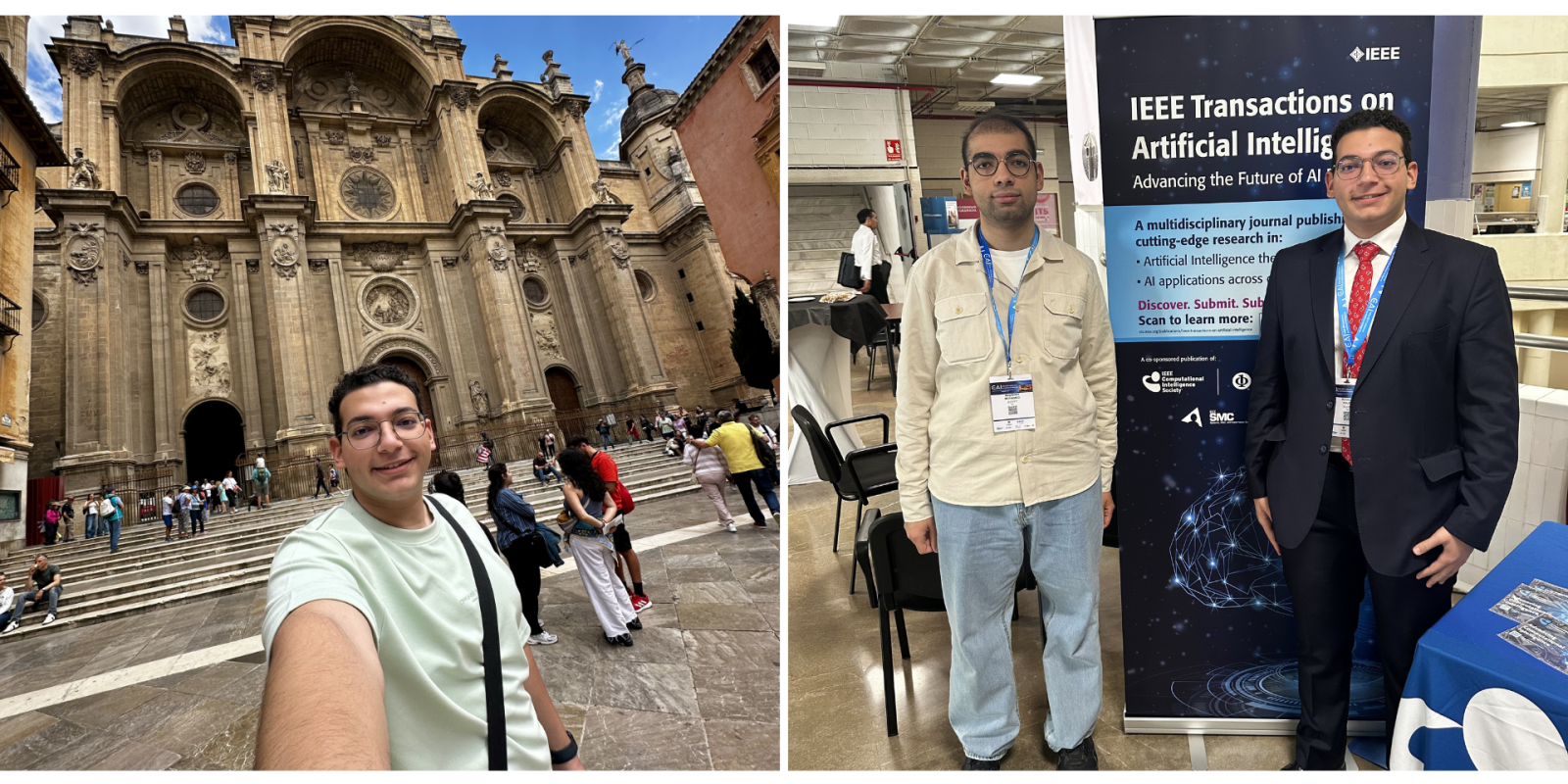 a collage of students exploring Spain and at the conference 