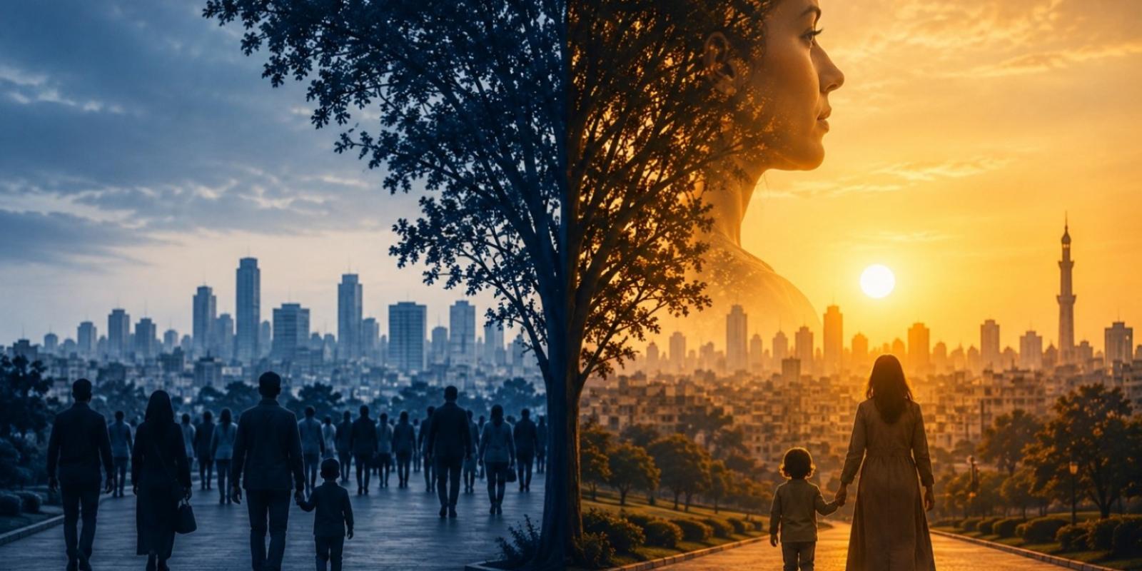 People walking in the sunlight and sunset