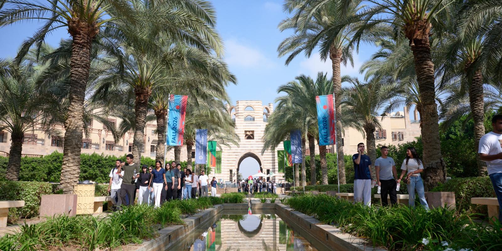 People walking in a garden