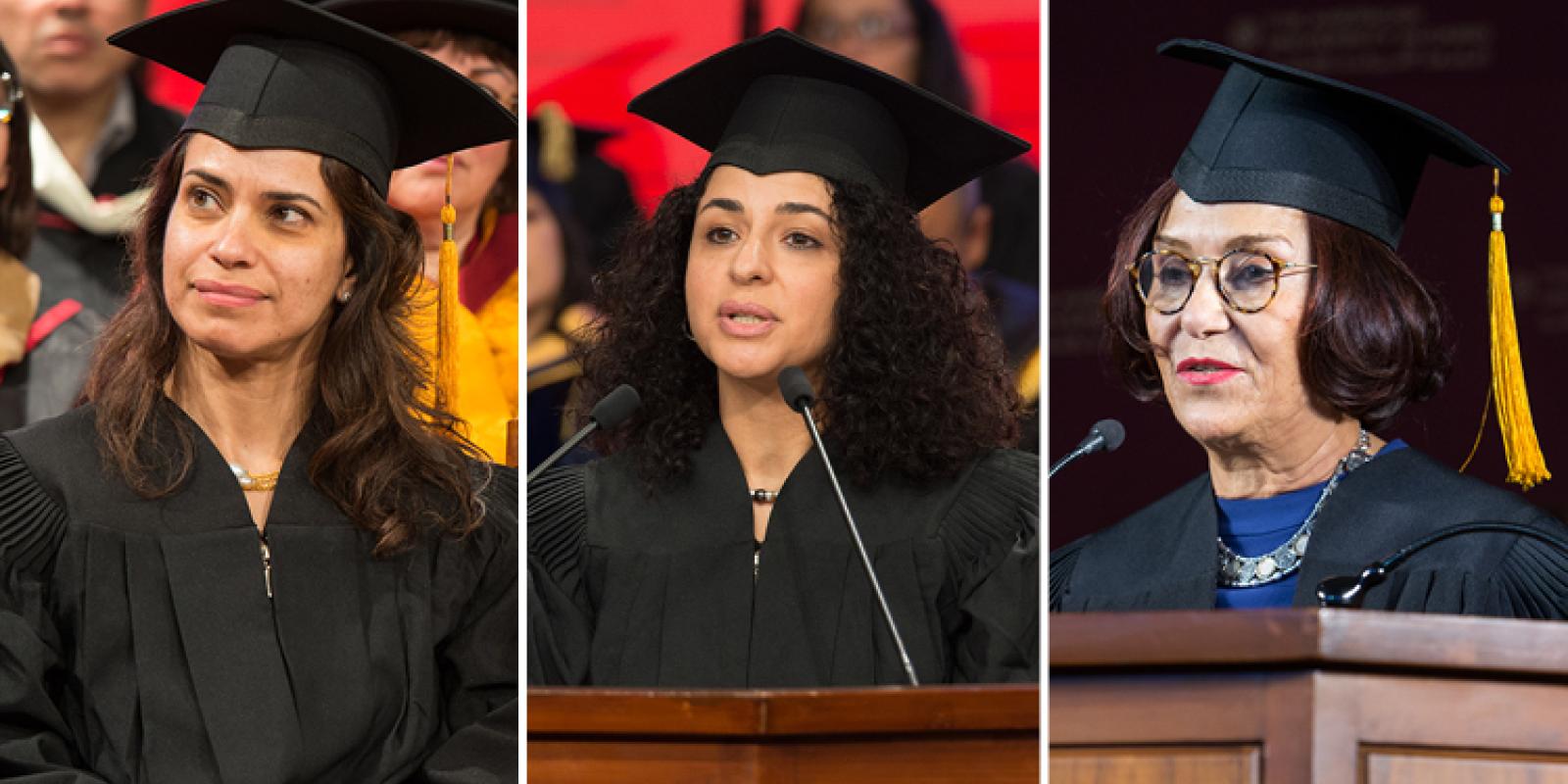 AUC alumnae and Diwan Bookstore co-founders Hind (left) and Nadia (middle) Wassef, as well as jewelry designer and honorary degree recipient Azza Fahmy, spoke at commencement this weekend