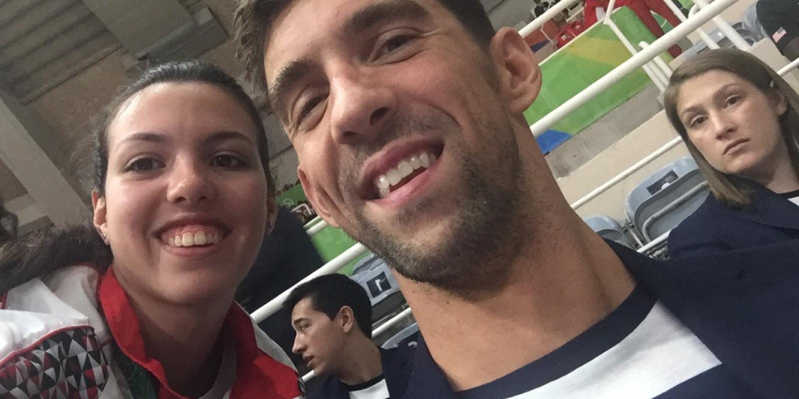 Yossra Ashraf meets U.S. swimmer Michael Phelps at the Rio 2016 Summer Olympics