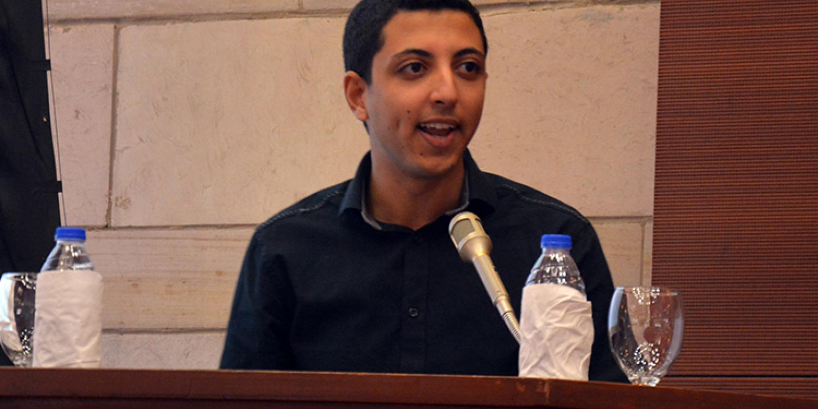 Ahmed Sharafeldin recounts his experience at AUC as part of the fifth annual welcome and recognition ceremony for new and returning scholarship students