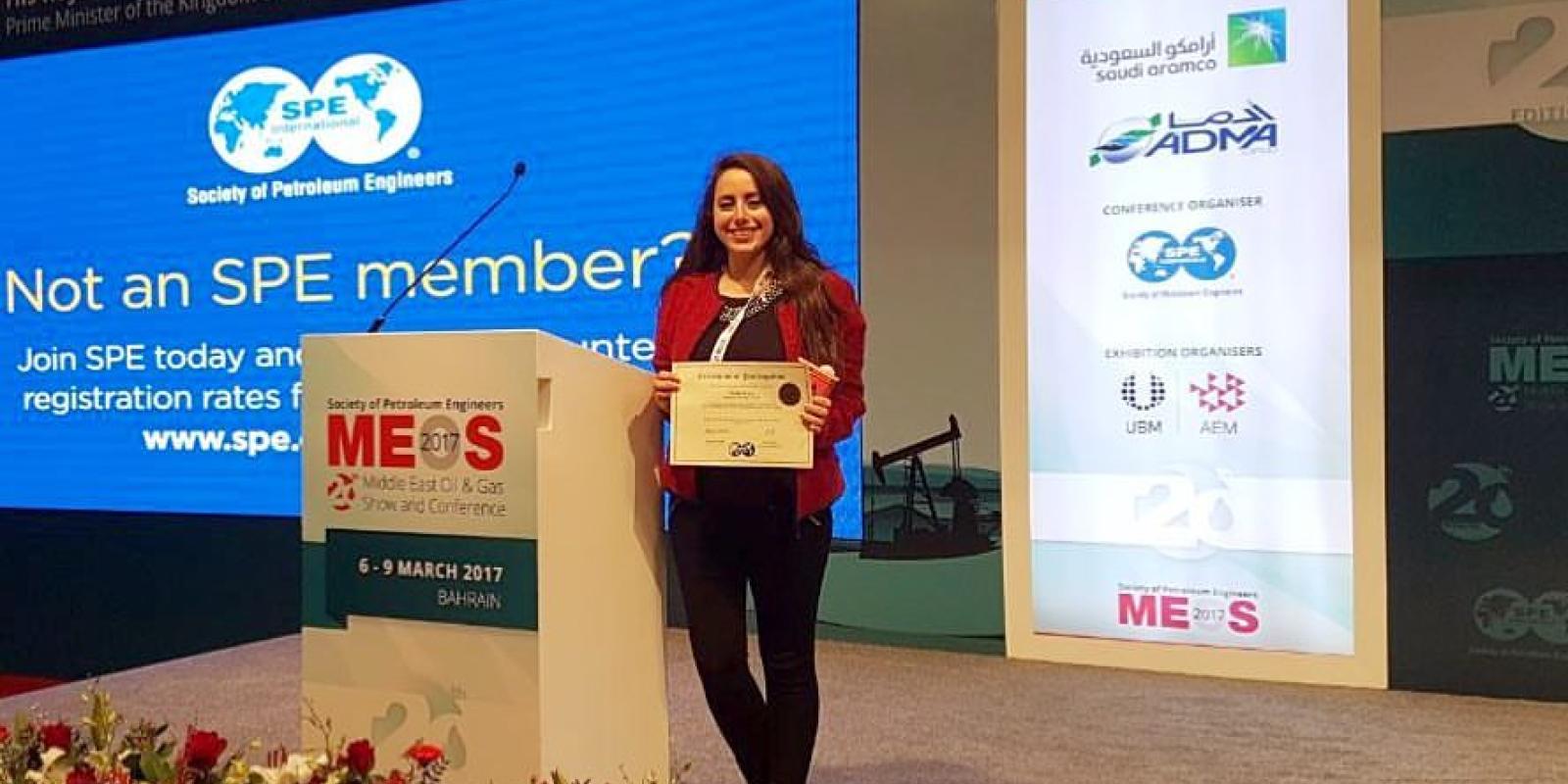 Farah Fawzy is the first AUCian as well as the first Egyptian female to win first place at the Regional Student Paper Contest at the Bahrain Oil and Gas Conference