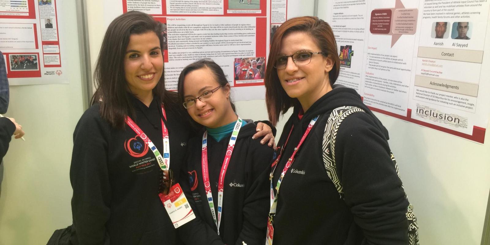 Amira Ahmed, Samira El- Adawy and Sondos Mohamed at the 2017 Global Youth Leadership Summit at the Special Olympics.