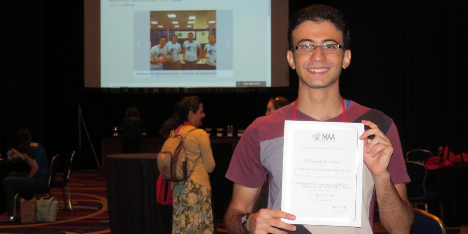Muhammad El Gebali won the "Outstanding Presentation Award" for his research paper on matrices at this year's MAA Mathfest 