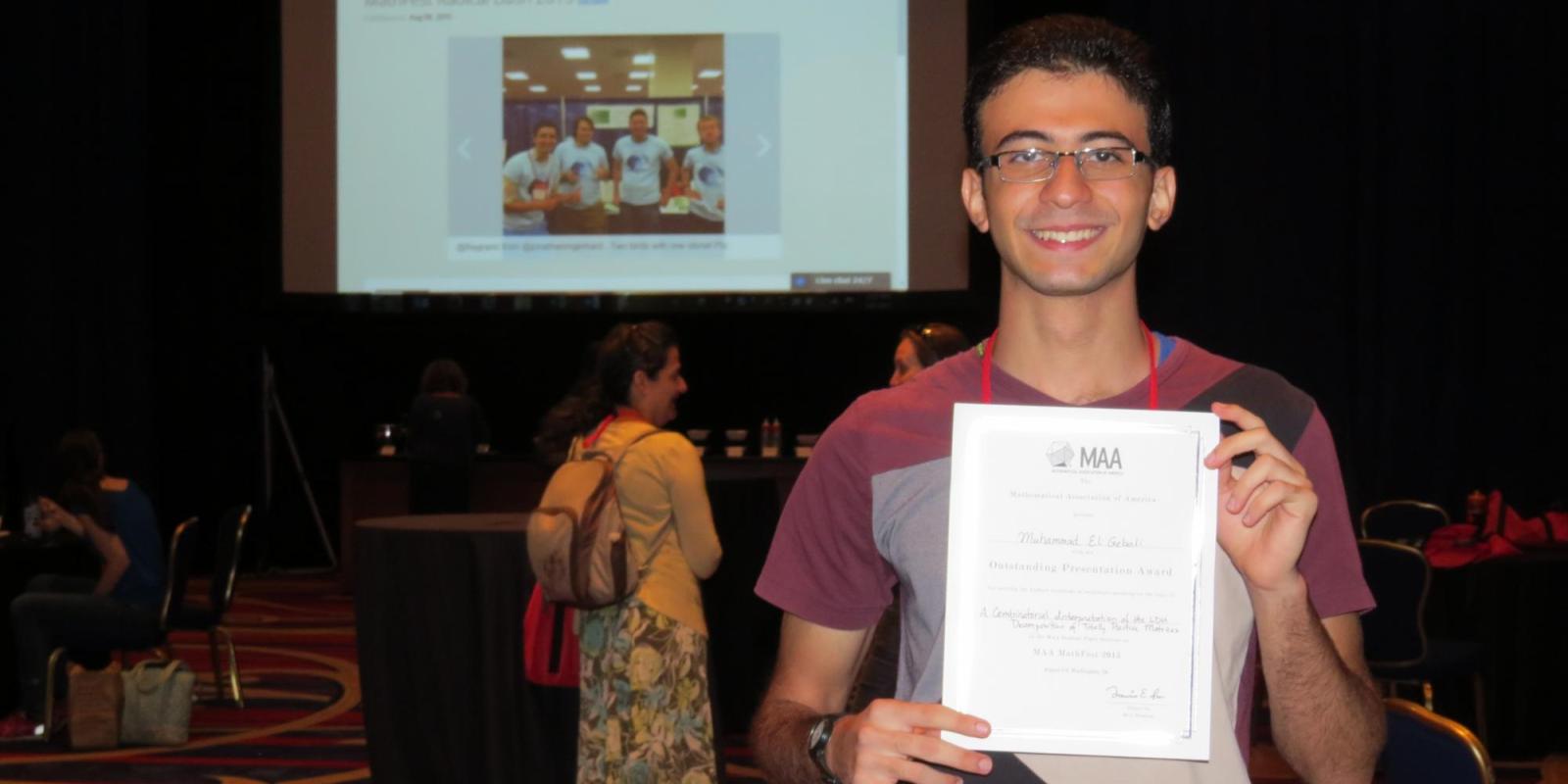 Muhammad El Gebali won the "Outstanding Presentation Award" for his research paper on matrices at this year's MAA Mathfest