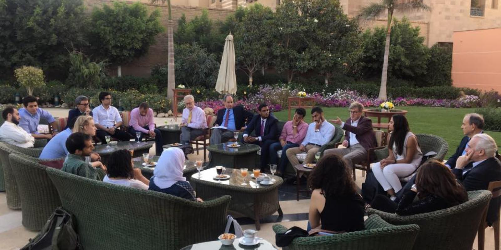 Chairman of AUC's Board of Trustees Atef Eltoukhy '74 and President Francis Ricciardone meet the current Student Union President Amr El Alfy, Student Union President '17-'18 Mohamed Gadallah and a number of students at the Watson House