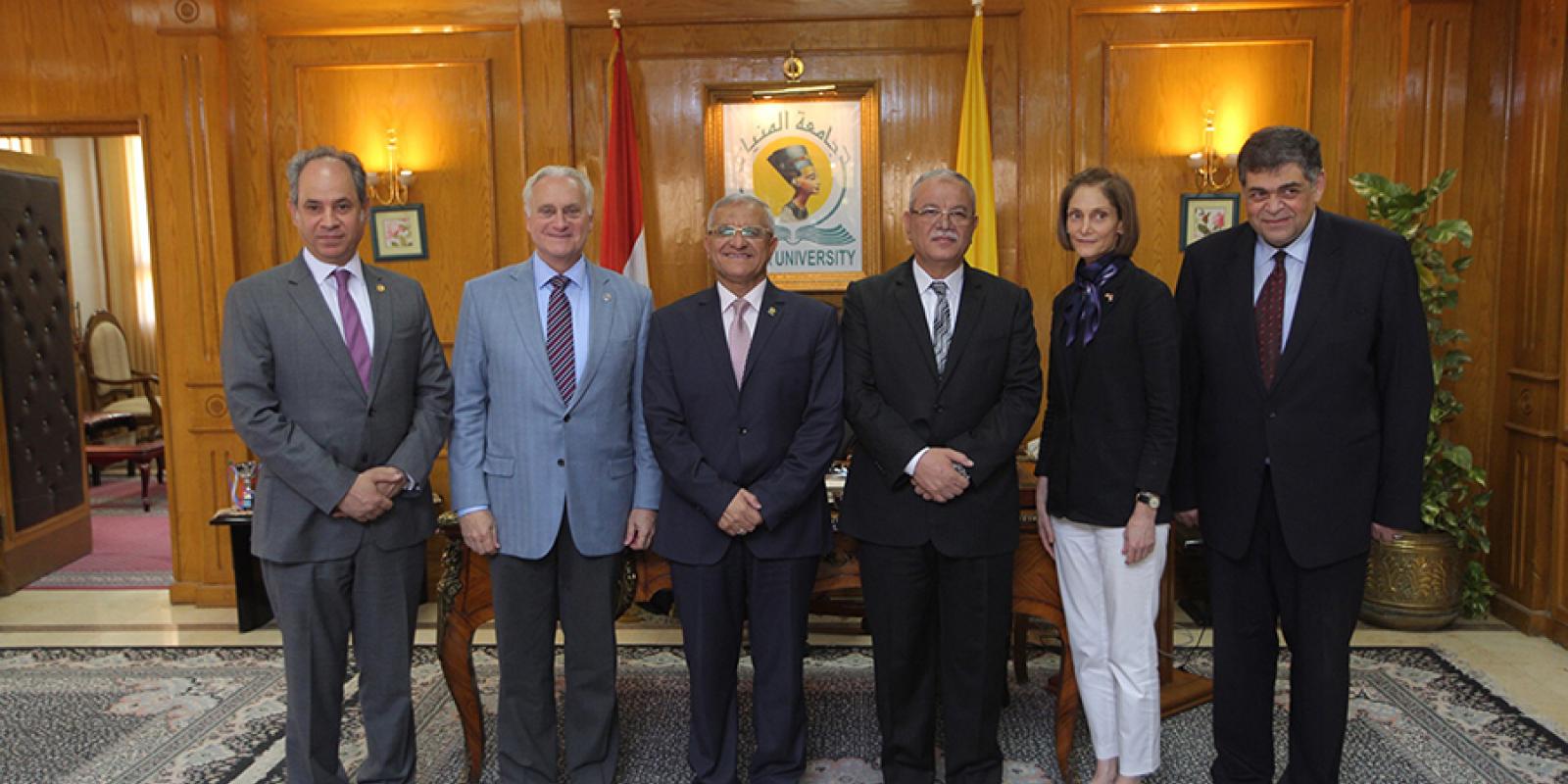 Ehab Abdel-Rahma, AUC provost; Francis Ricciardone, AUC president, Gamal El Din Aboul Magd, Minia University President; Essam El Bedewy, governor of Minia; Sherry F. Carlin, director of USAID Egypt; and Ashraf Hatem, AUC counselor at Minia University