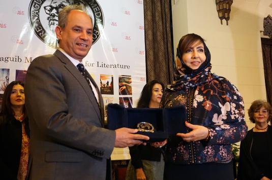 AUC Provost Ehab Abdel-Rahman with the award-winning Saudi Arabian writer Omaima Al-Khamis