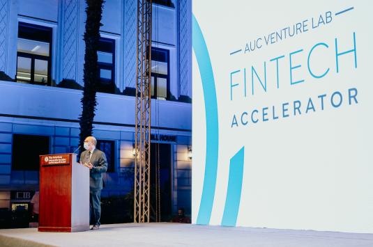 Dean Sherif Kamel talking to audience at AUC Venture Lab FinTech event