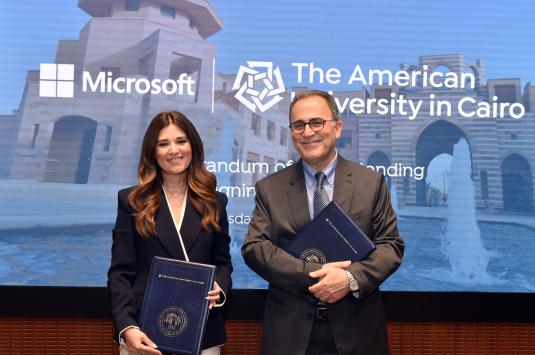 Microsoft Egypt Country Manager Mirna Arif and AUC President Ahmad Dallal