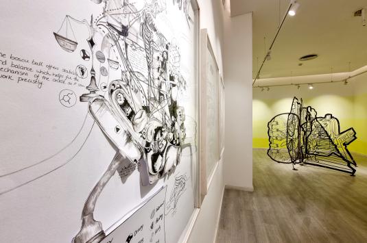 Two displays at the Mapping Time exhibition at Tahrir Cultural Center