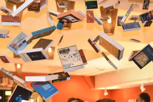 Al-Mutannabbi Street exhibition at the Rare Books and Special Collections Library in 2014 with books suspended in the air.