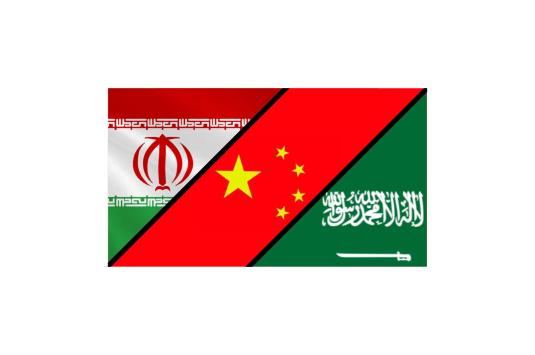 Three flags cut diagonally across the image, the Iranian flag in the top right corner, the Chinese flag through the middle, and the Saudi Arabian flag in the bottom left hand corner. Each flag is separated by a black bar. 