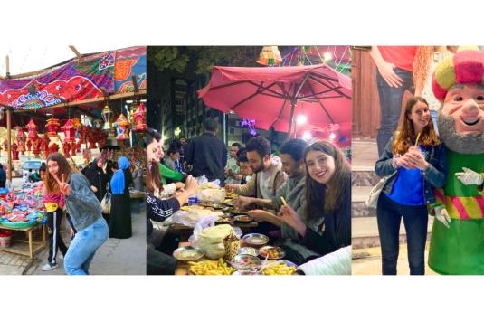 Three photos of Carere placed in a line. Carere sits at a table in the street with Egyptian food in front of her, sharing suhoor with her neighbors. Carere smiles and poses with a peace-sign in front of a shop selling lanterns in downtown Cairo. Carere smiles and stands next to a mascot of a Ramadan character near Talaat Harb, holding fresh strawberry juice.