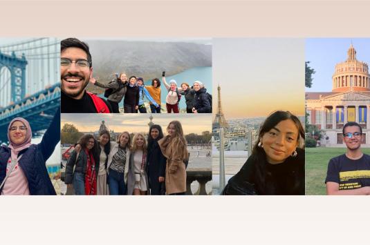 A collage of photos featuring AUC students studying abroad. On the left, a young woman poses in front of the Eiffel tower. In the center top, a young man take a selfie with his friends on a cliff in Norway. On the bottom center, a young woman poses with her friends in France. On the right, a young woman poses with her hands lifted in front of a bridge in the U.S.