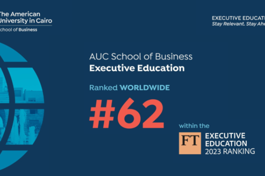 Infographic showing that the AUC School of Business Executive Education open-enrollment programs placed 62 in the Financial Times 