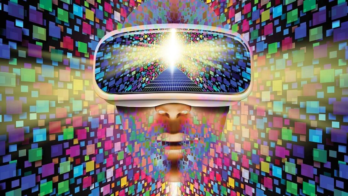A face wearing glasses and surrounded by colored squares