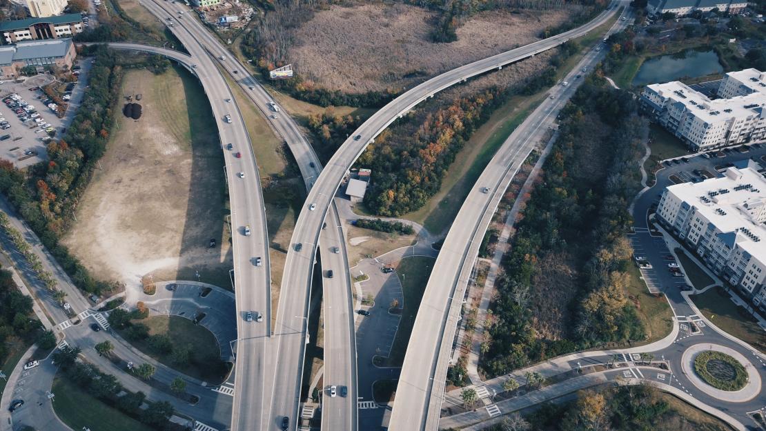 Aerial view of a freeway in the United States