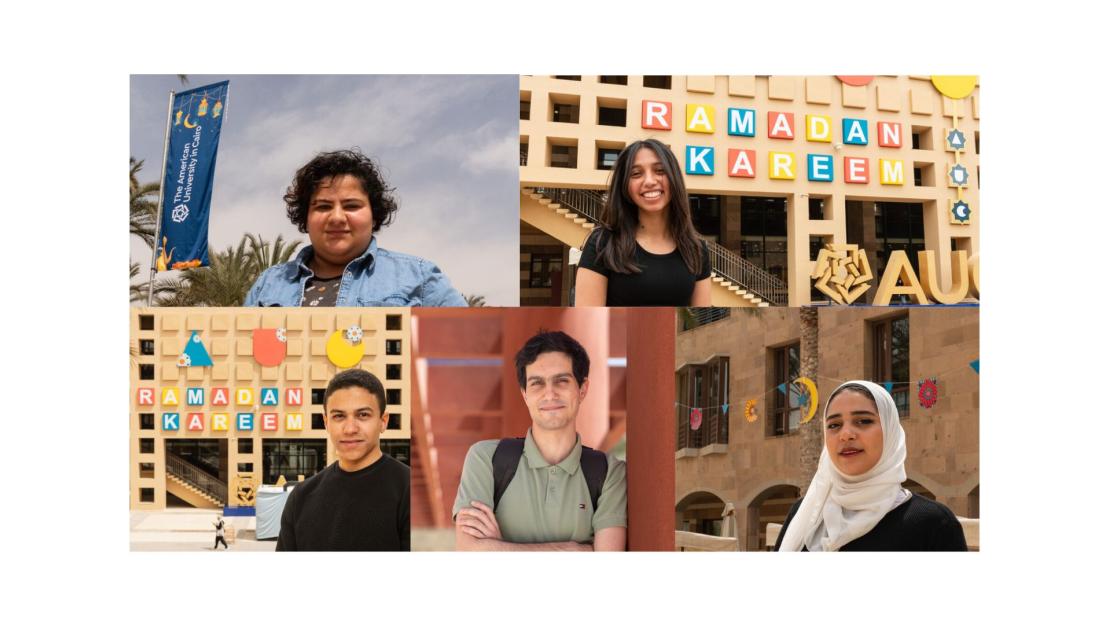 A collage of four students standing next to their Ramadan designs on campus. In the top right, a female student stands next to her banner design, on the top left, a girl smiles in front of the library facade with her AUC and Ramadan Kareem signs on the front. On the bottom left, a male student stands next to his library with his AUC design with the "C" as a crescent. On the bottom right, a female student stands next to her geometric designs strung between the trees. In the center bottom a male student.