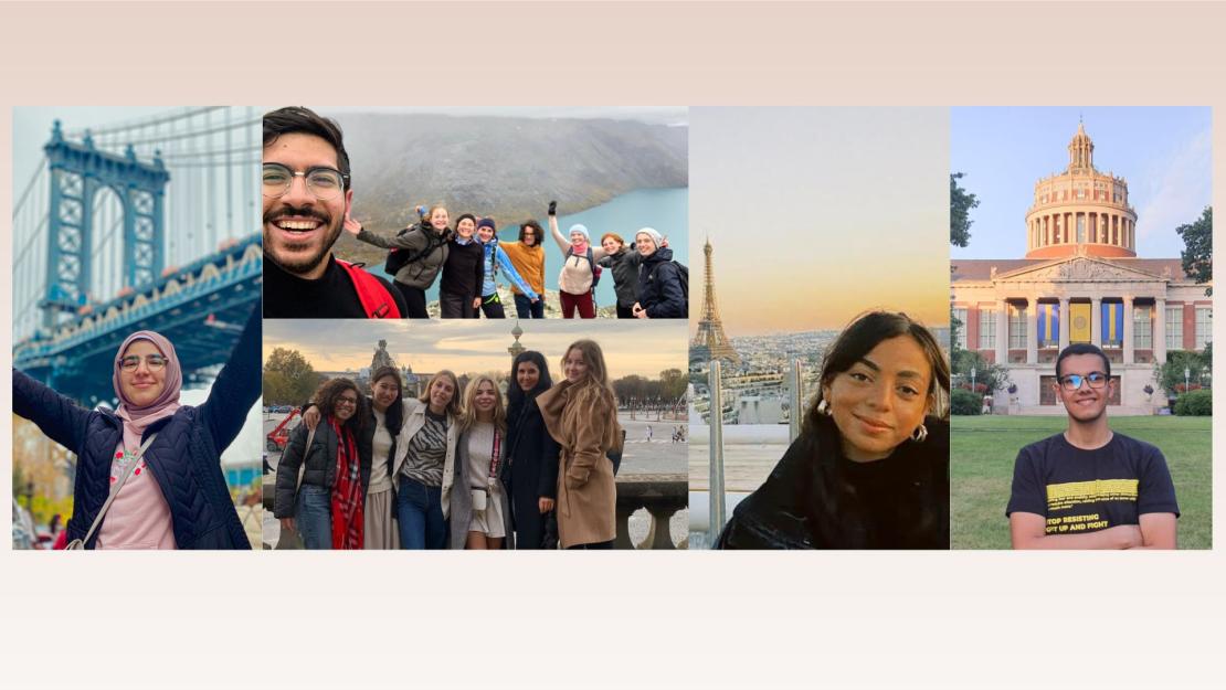 A collage of photos featuring AUC students studying abroad. On the left, a young woman poses in front of the Eiffel tower. In the center top, a young man take a selfie with his friends on a cliff in Norway. On the bottom center, a young woman poses with her friends in France. On the right, a young woman poses with her hands lifted in front of a bridge in the U.S.