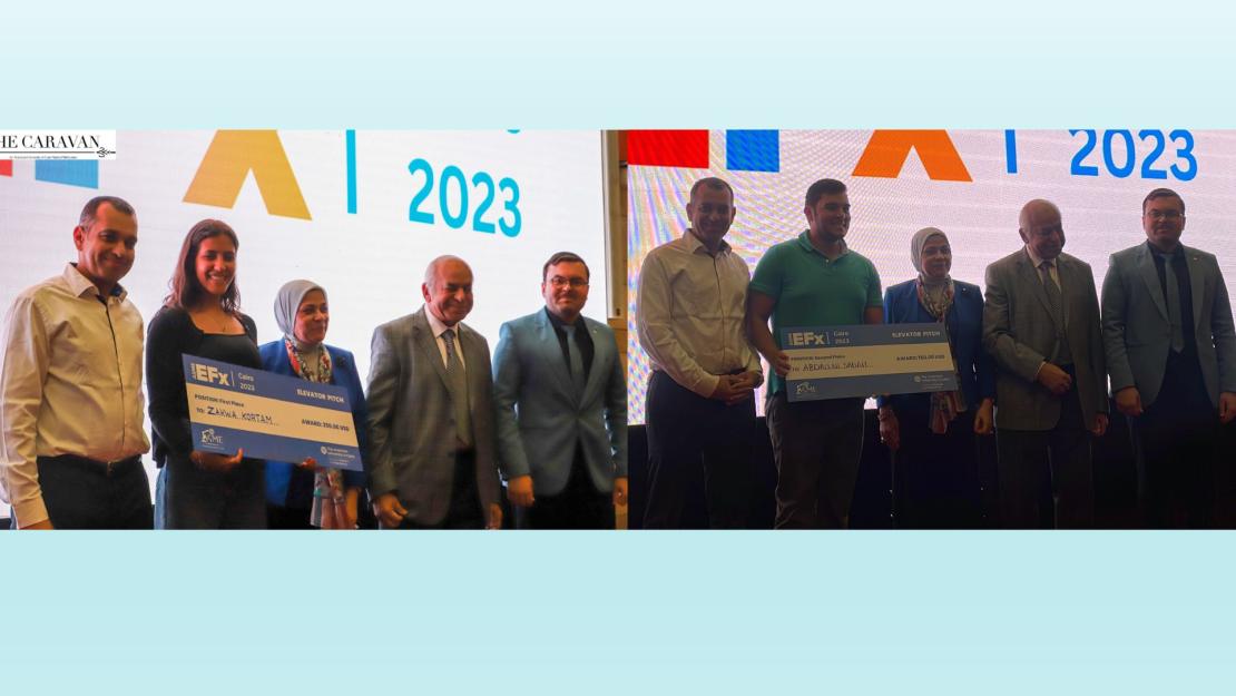 Zahwa Kortam and Abdallah Sabah accept their awards standing on stage in front of a screen.