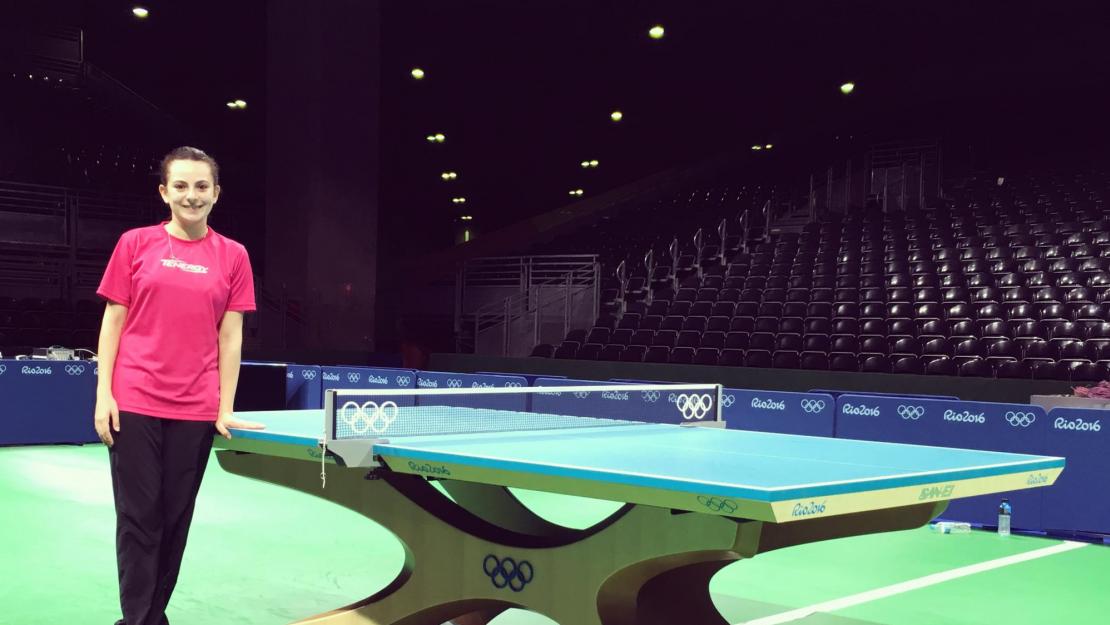Dina Meshref at an Olympics table tennis arena 