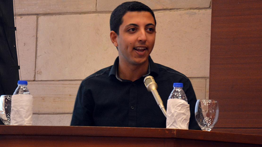 Ahmed Sharafeldin recounts his experience at AUC as part of the fifth annual welcome and recognition ceremony for new and returning scholarship students