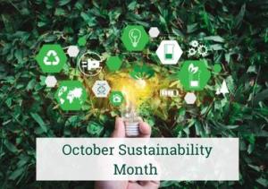 October Sustainability Month, a hand holding a bulb with a greenery background
