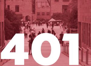 university campus with people. 401 written on the picture in white