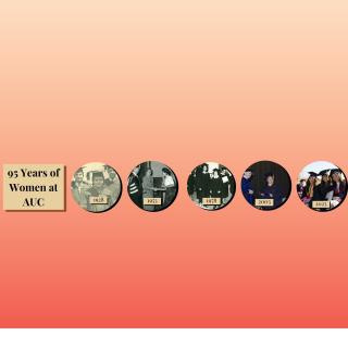 Light brown box and black text at the top left hand side: &ldquo;95 Years of Women at AUC.&rdquo; On the right, a photo of Eva Habib El Masri &lsquo;31, with the date 1928. Next, a black and white photo of two AUC women wearing black caps and gowns with the date 1953. Next, a black and white photo of a female student receiving an award, with the date 1978. Next,   a color photo of a woman graduating and wearing a cap and gown receiving her degree on stage with the date 2003. Last, a color photo of three women grads in 2023