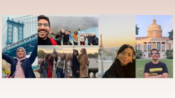 A collage of photos featuring AUC students studying abroad. On the left, a young woman poses in front of the Eiffel tower. In the center top, a young man take a selfie with his friends on a cliff in Norway. On the bottom center, a young woman poses with her friends in France. On the right, a young woman poses with her hands lifted in front of a bridge in the U.S.