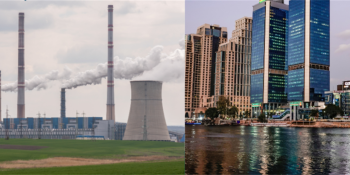 Smoking pipes with greenery, and tall buildings in front of a river
