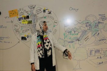 Veiled girl explaining something on whiteboard