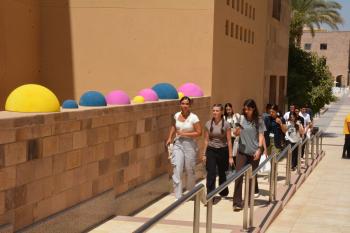 A group of students walking up the stairs on campus