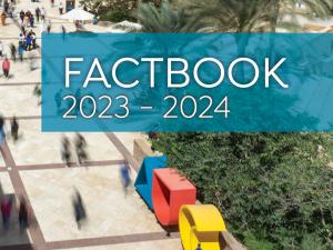 Students walking on campus, text reads "Factbook 2023-2024"