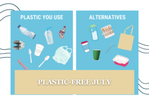 Cartoon images of plastic material, text reads "Plastic You Use, Alternatives, Plastic-Free July"